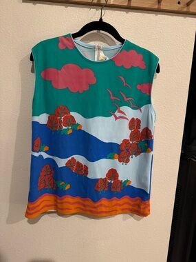 Vintage Artistic Sleeveless Scenic Print Top in Teal and Blue